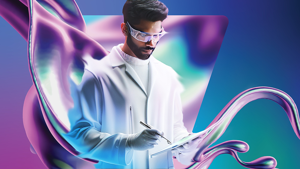 Alt text: A Man with short dark hair in a white lab coat stands confidently against a vibrant, abstract background with flowing shapes in blue, purple, green and white.
