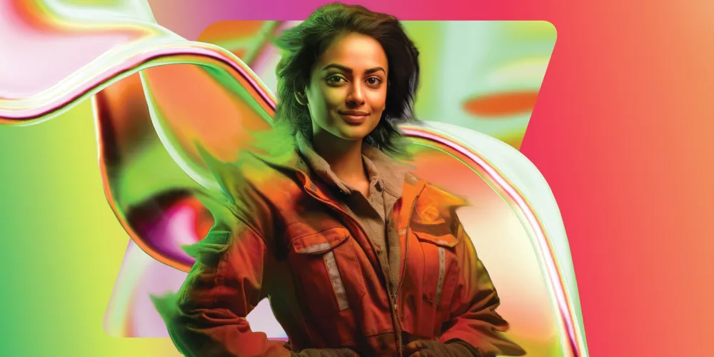 Alt text: A woman with short dark hair in an orange jacket stands confidently against a vibrant, abstract background with flowing shapes in pink, green, and white.