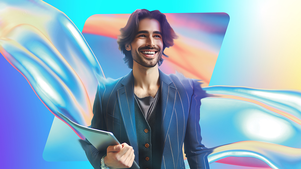 Alt text: A Man with short dark hair in a suit stands confidently against a vibrant, abstract background with flowing shapes in blue, yellow, and white.